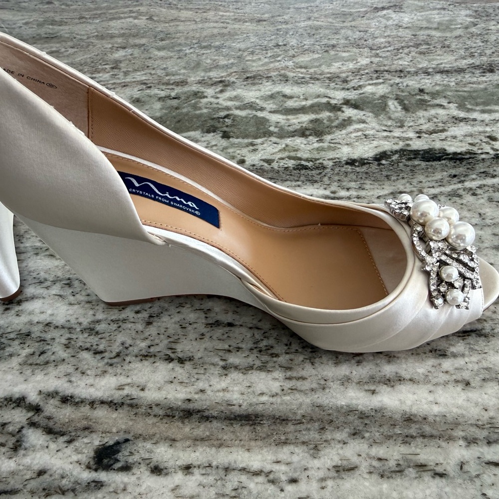 Nina Ivory Satin Heels with Jewel Accents